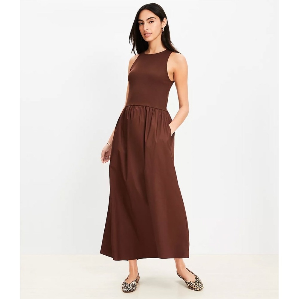 LOFT Brown Sleeveless Cotton Maxi‎ Dress Women's XXL Tank Bodice Flowy Skirt